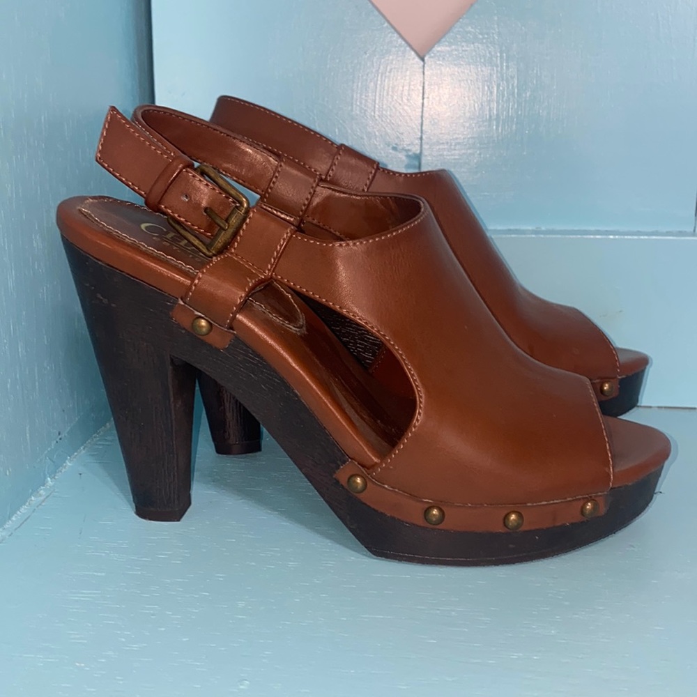 New Chaps Ralph Lauren Brown Leather Open Toe Heels size 7